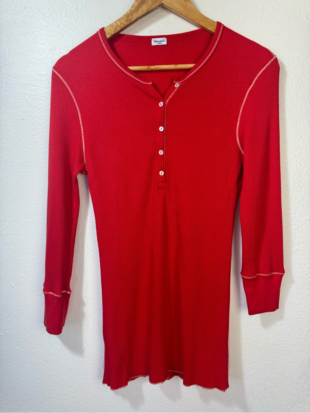 Splendid Red Waffle Knit Thermal Henley 3/4 Sleeve Top Large